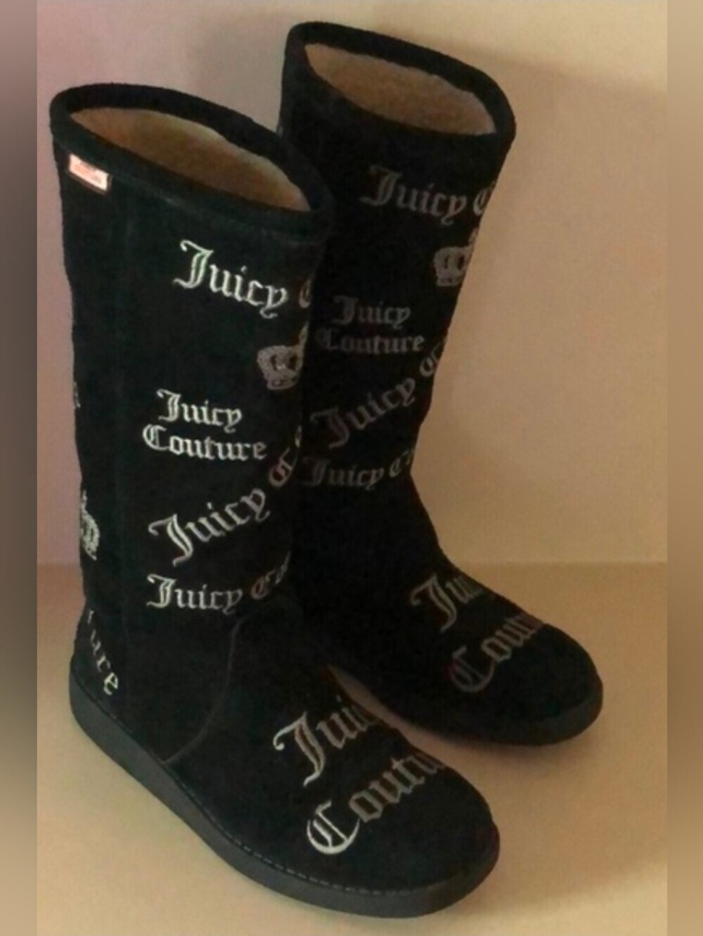 Juicy Couture Black Logo Embroidered Tall Suede Boots